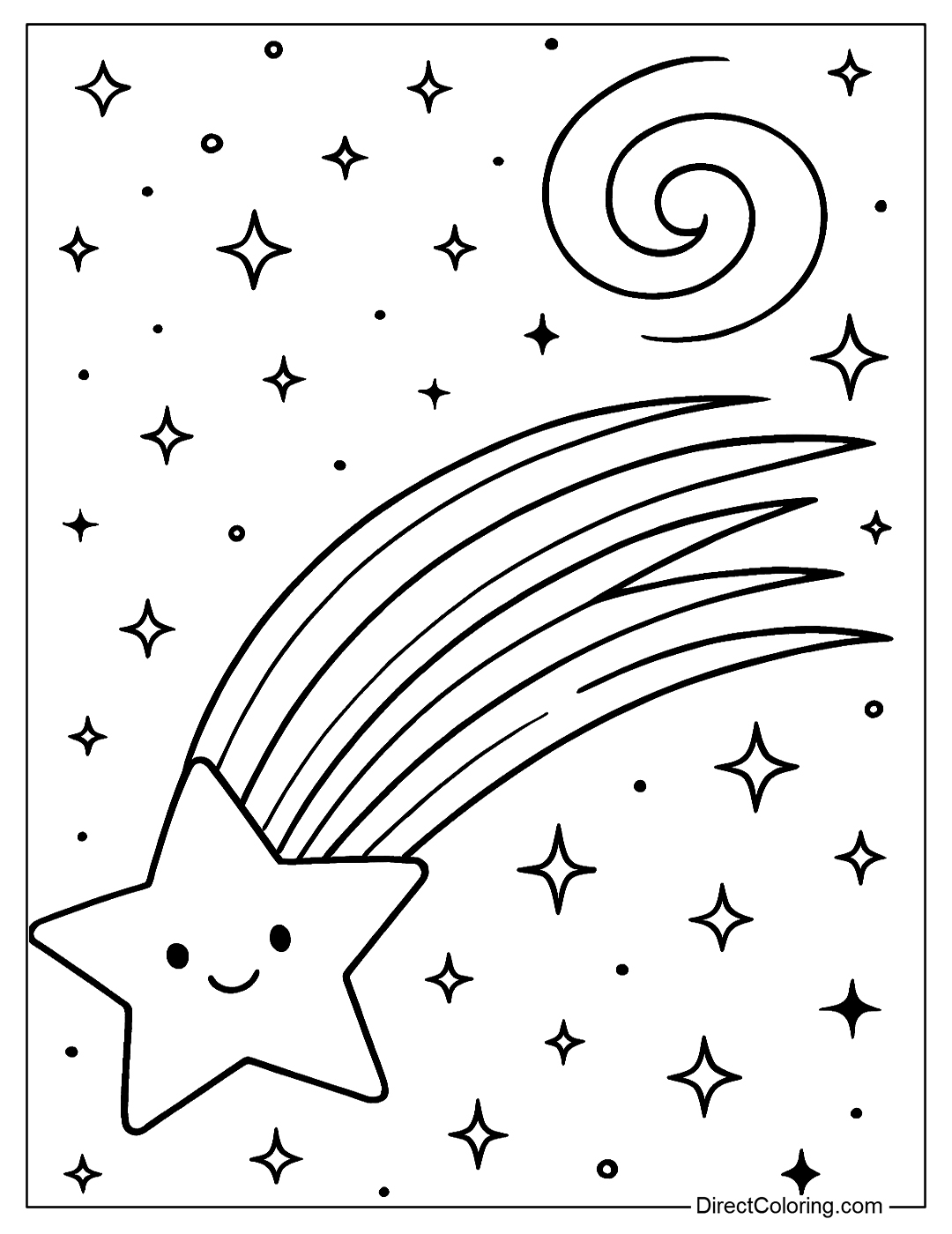 Long comet coloring page with tail shining brightly in the Milky Way